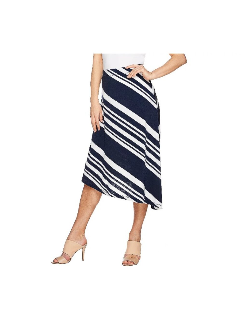 Susan Graver Skirt Large Liquid Knit Comfort Waist Asymmetrical Navy White